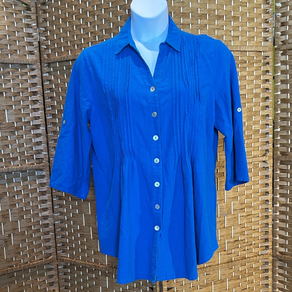 Soft Surroundings Blue Pintuck Button Front Blouse Cotton L Cottagecore